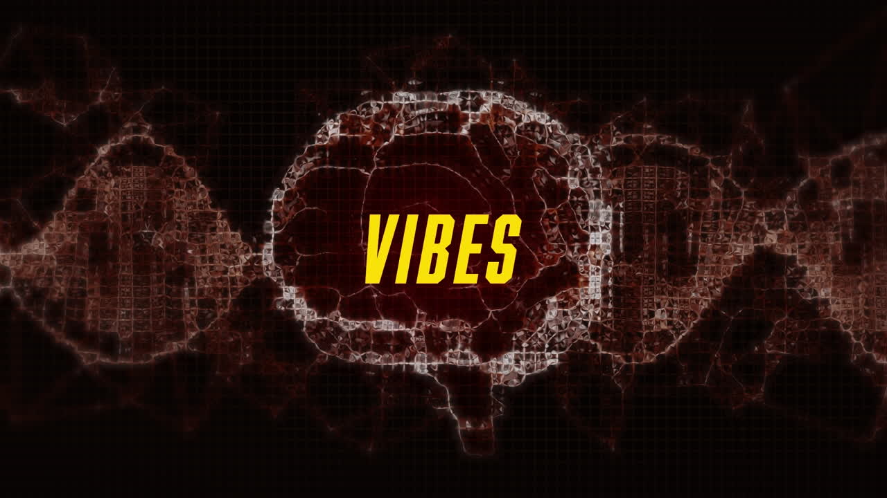 Animation of vibes text over digital brain on black background
