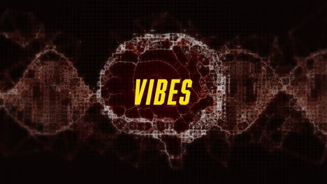 animation of vibes text over digital brain on black background