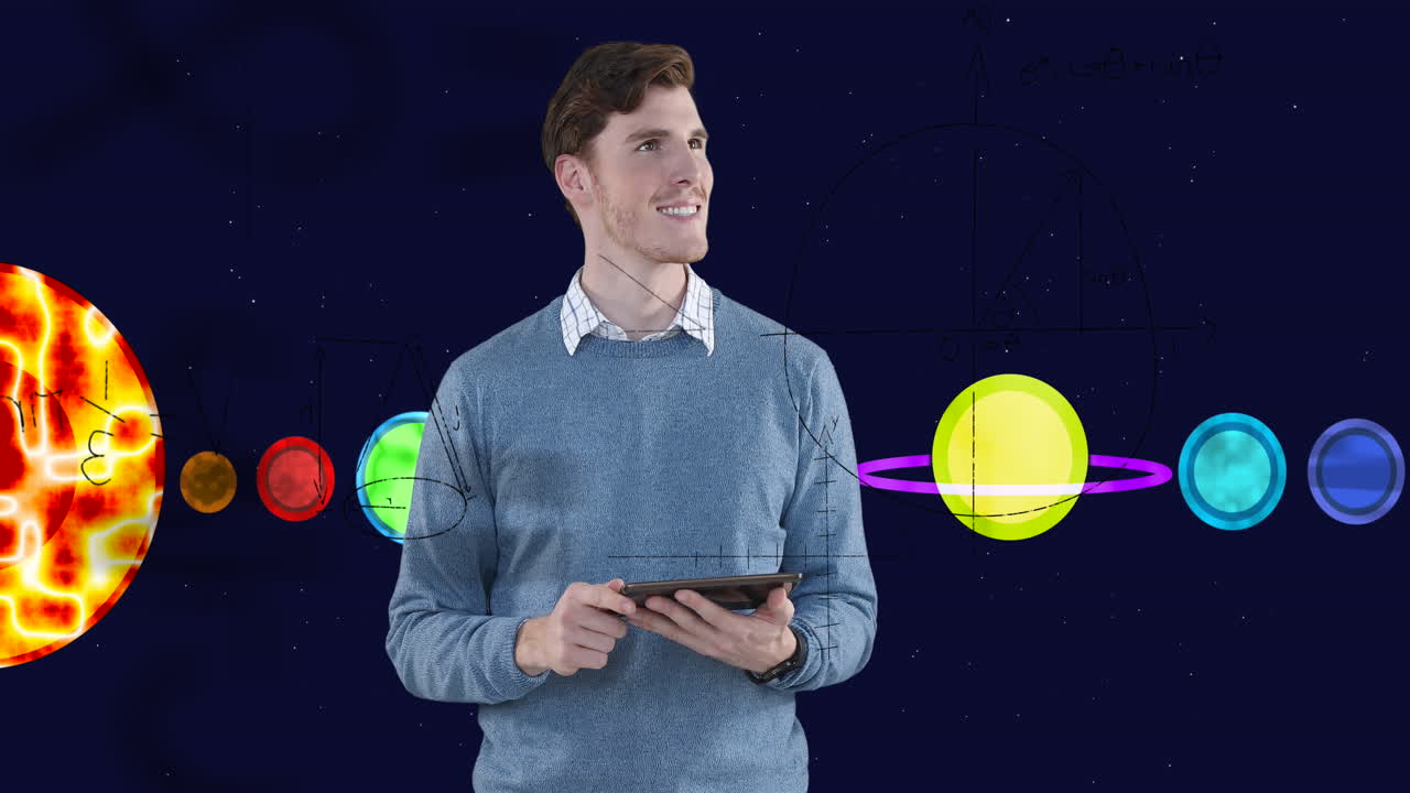 태블릿을 사용하여 방정식과 태양계에 대한 사업가의 애니메이션