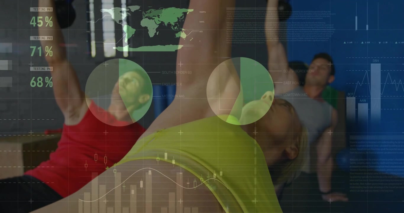 Turma realizando press de ombro com kettlebell em painéis digitais que se desvanecem na academia, com gráficos atualizando métricas.