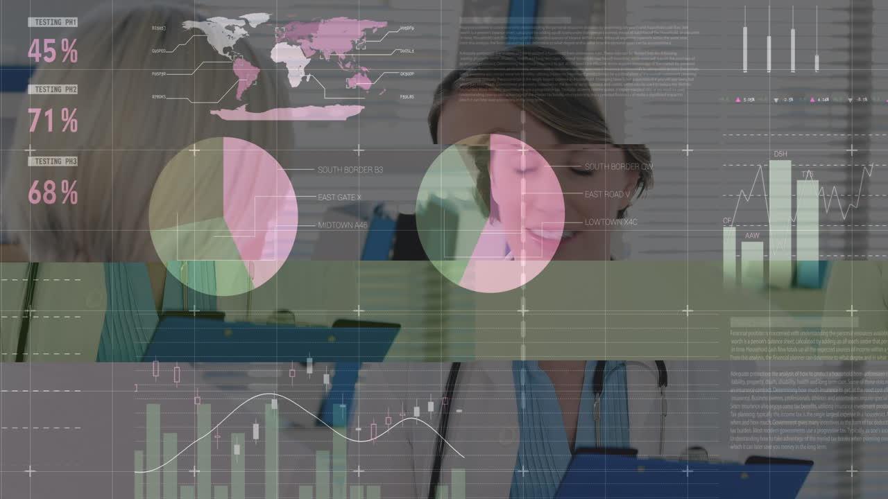 анимация финансовых данных над счастливыми кавказскими женщинами-врачами, разговаривающими