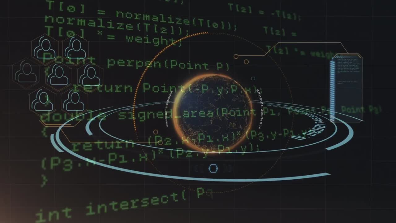 Animation of data processing over scan scope on dark background