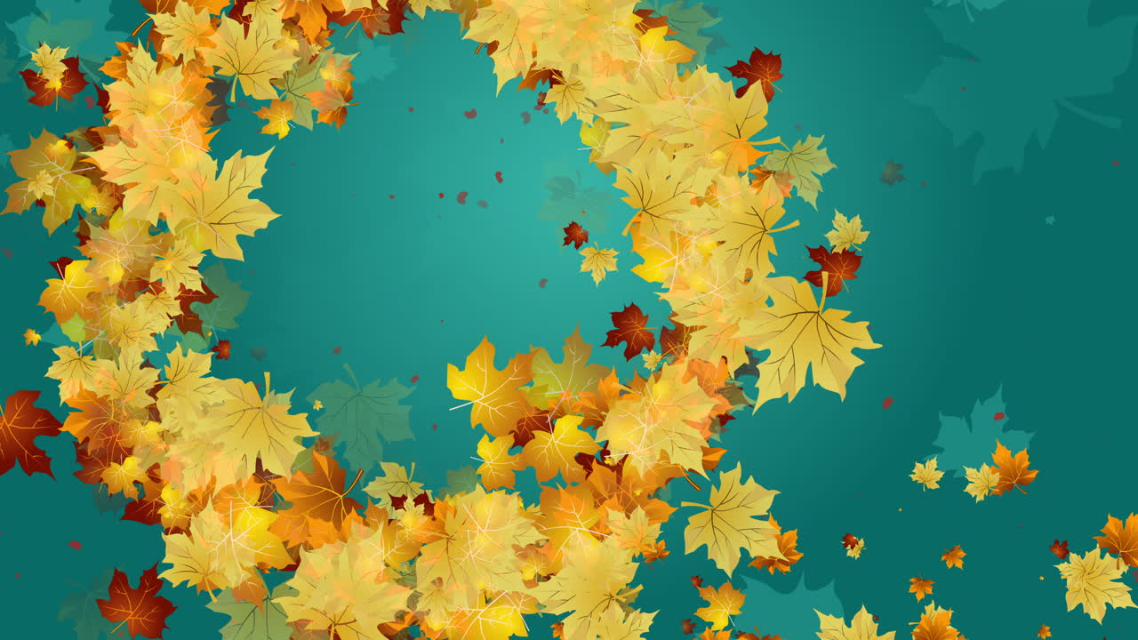 Round autumn frame of beautiful yellow and brown maple leaves falling on a turquoise abstract background. Copy space. Looped animation.