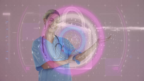 animación de un candado digital con huella dactilar sobre una feliz doctora caucásica