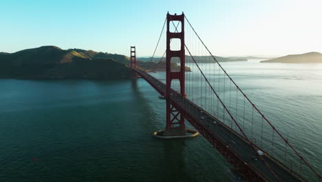 Aerial-View-Of-Golden-Gate-Bridge-At-Sunrise-In-San-Francisco,-California