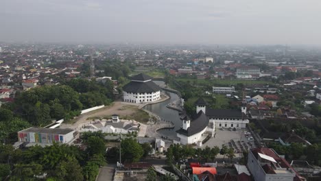 aerial view of embung giwangan cultural park. a center for tourism and cultural arts expression in southern jogja. a space for artistic expression with various cultural facilities.