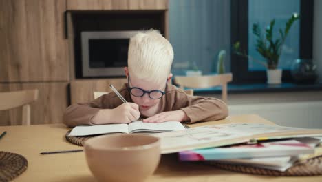 Ein-Kleiner-Albinojunge-Mit-Weißem-Haar-Und-Blauer-Brille-Schreibt-In-Der-Küche-Mit-Einem-Stift-Hausaufgaben-In-Sein-Notizbuch-Und-Bereitet-Sich-Auf-Seinen-Neuen-Schultag-Und-Den-Unterricht-Vor.-Ein-Kleiner-Albinojunge-Schreibt-Aufgaben-In-Ein-Notizbuch-Und-Erledigt-Sie