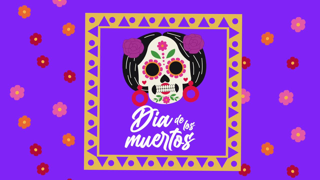 celebración del día de los muertos con el cráneo de katrina y el marco de flores