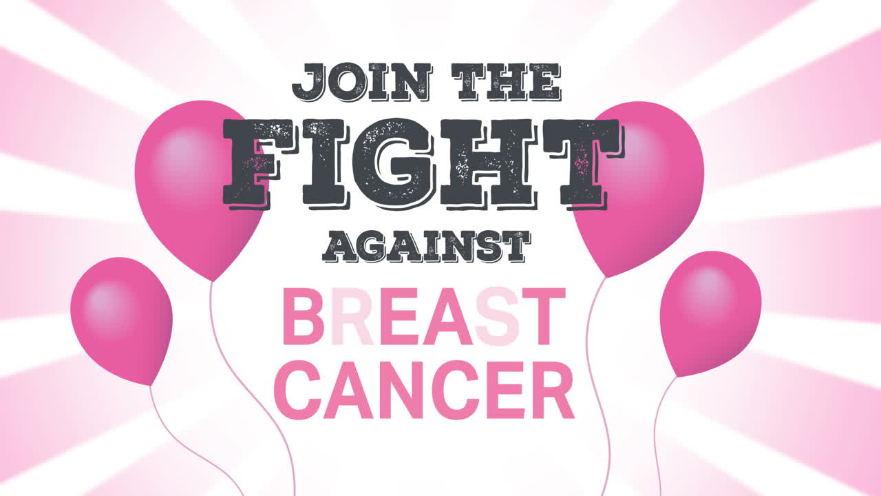 분홍색 유방암 텍스트 위에 날아다니는 분홍색 풍선의 애니메이션