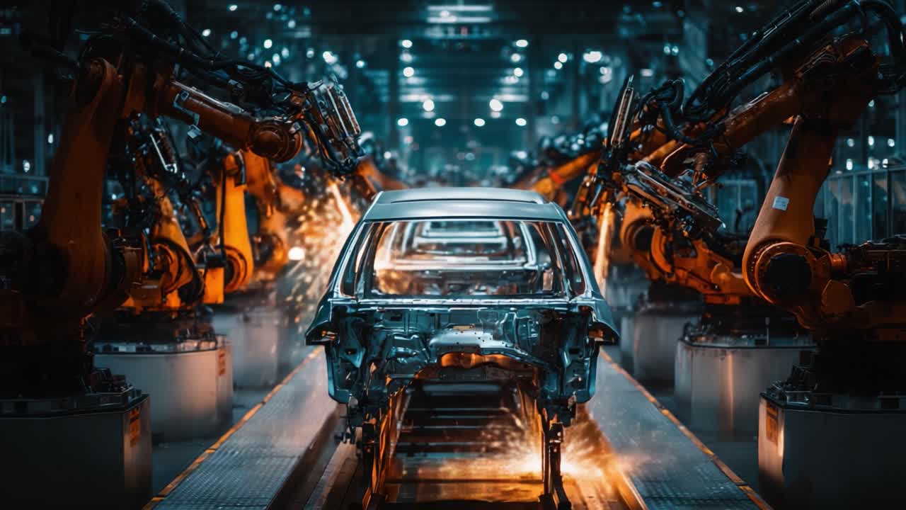 Uno stabilimento di produzione automobilistica ad alta tecnologia, con bracci robotici avanzati e una carrozzeria in fase di assemblaggio in un ambiente di linea di produzione dinamico.