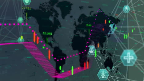 animation of medical icon with connections and digital data processing over world map