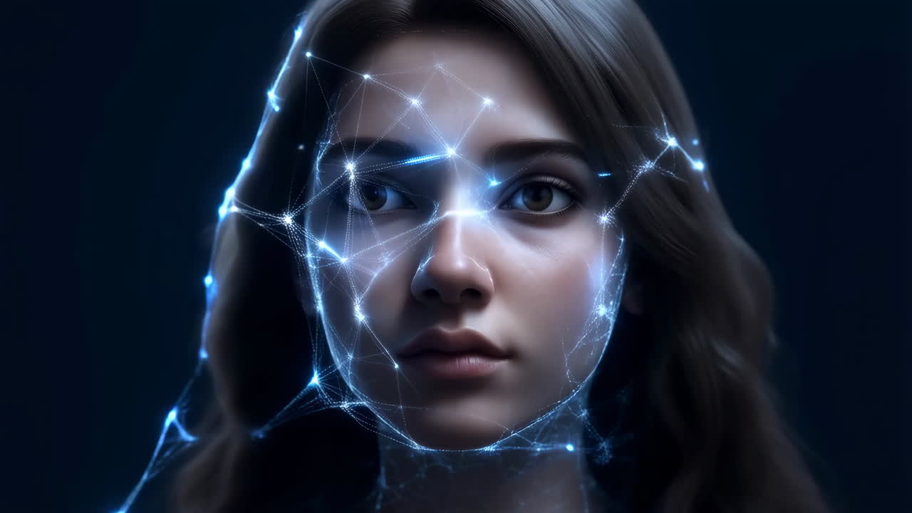 Facial Recognition and AI Technology on a Woman's Face