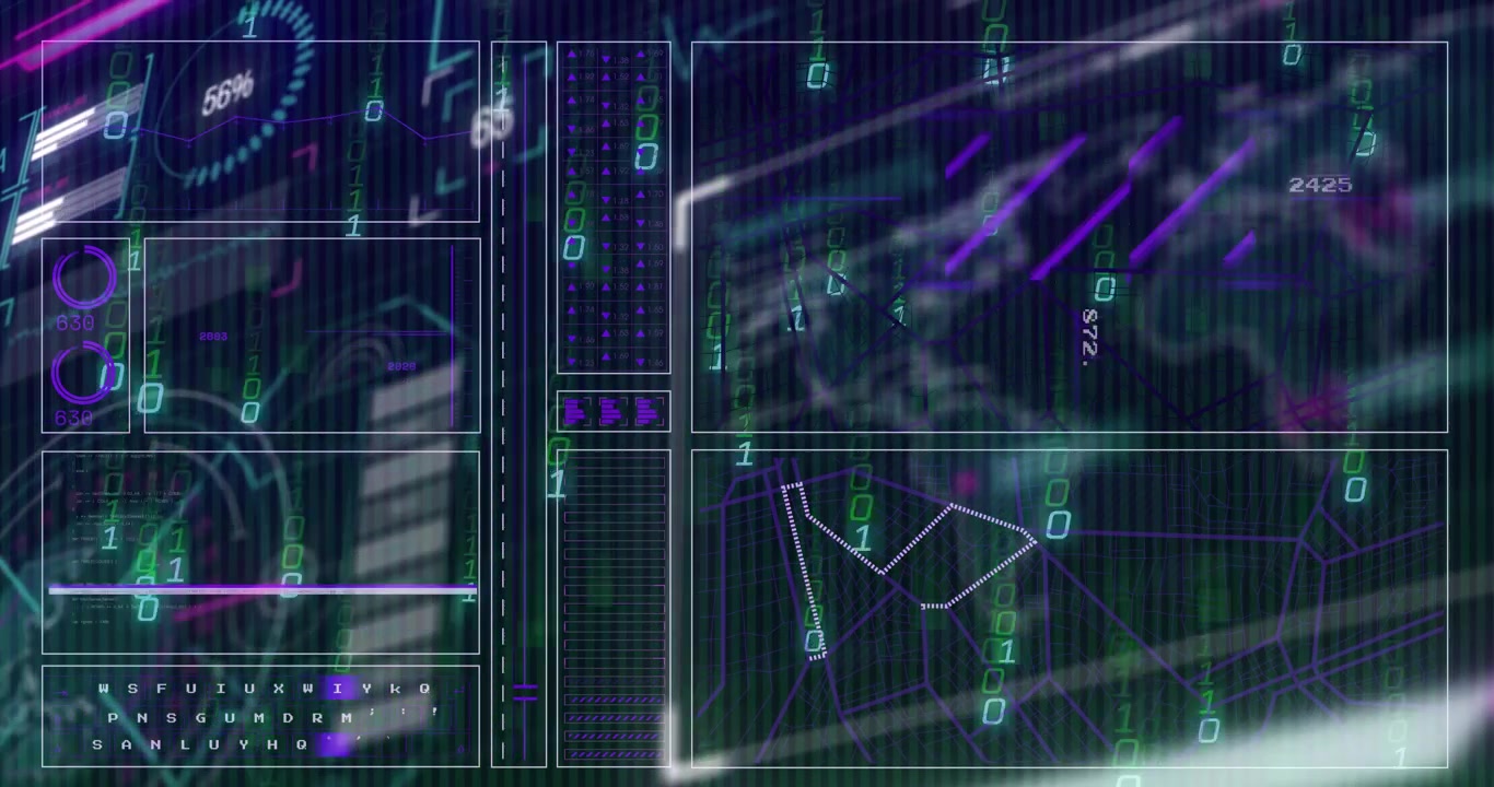 Opening UI causing gauge rising world map showing graph building binary pulsing monitoring status
