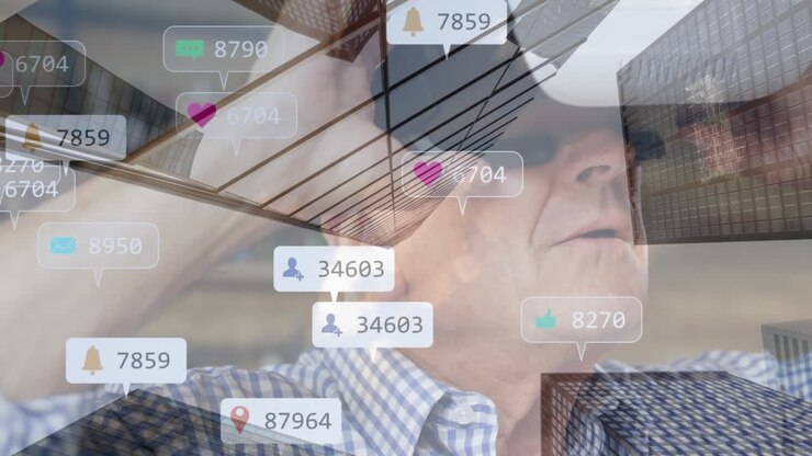 Digital icons with increasing numbers over senior man wearing vr headset against tall buildings