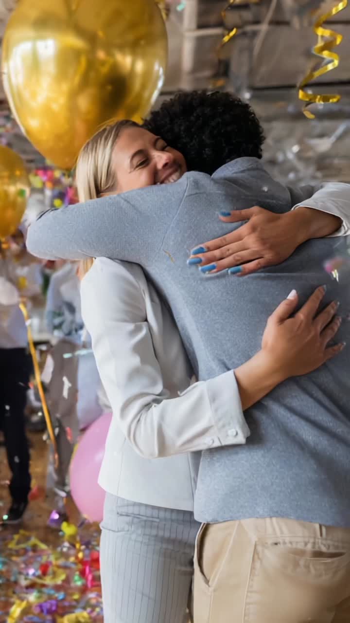 Joyful Celebration: Two Friends Embrace and Share Moments of Happiness at a Festive Gathering with Colorful Balloons and Confetti in the Background