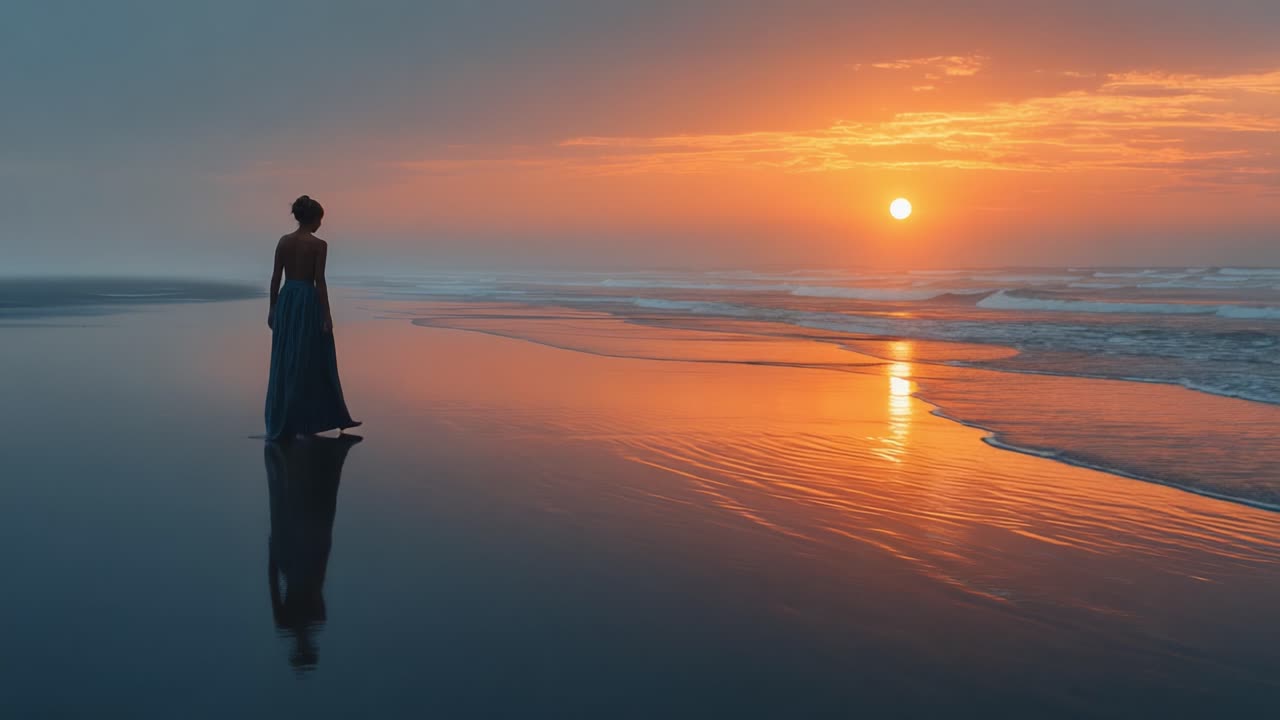 A Serene Sunset Reflection: A Woman in a Flowing Dress Stands Along the Shoreline, Embracing the Tranquil Beauty of the Ocean at Dusk