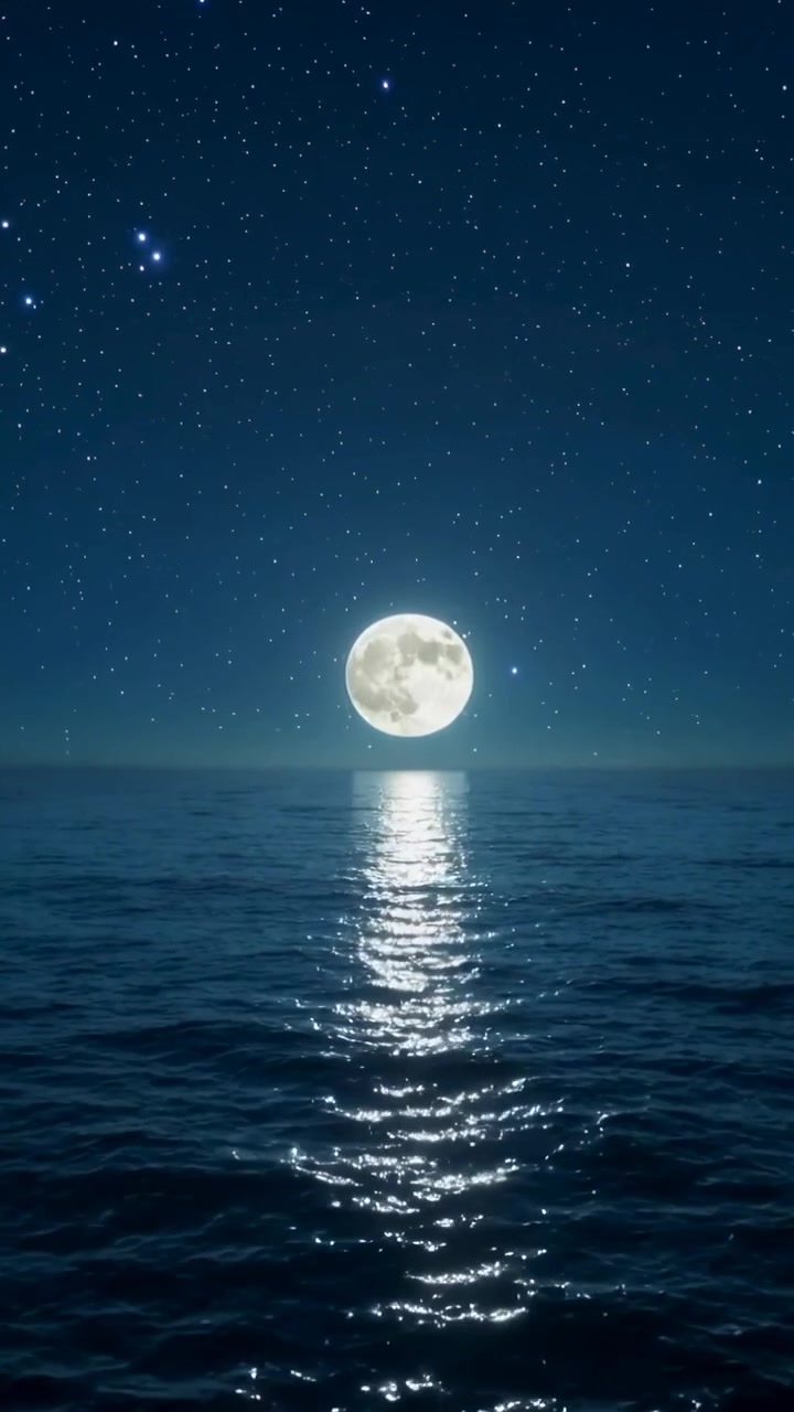Vídeo vertical: Ondas agitadas, brisa suave fazendo o reflexo da lua cheia cintilar no mar à noite.