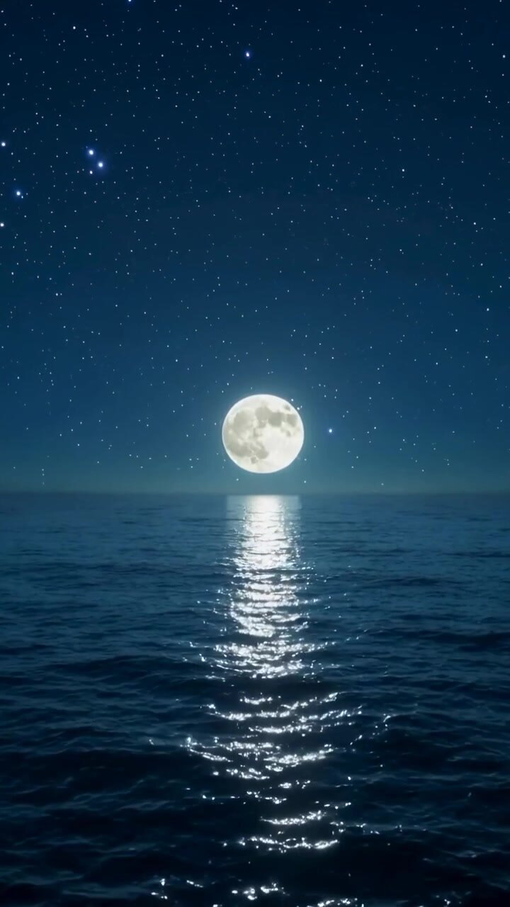 Vídeo vertical: Ondas agitadas, brisa suave fazendo o reflexo da lua cheia cintilar no mar à noite.