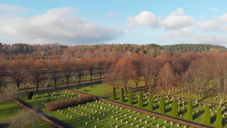 Aerial-view-of-Kviberg-cemetery-in-autumn,-Gothenburg,Sweden