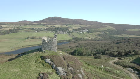 Eine-Luftaufnahme-Von-Castle-Bharriich-In-Der-Nähe-Von-Tongue-In-Den-Schottischen-Highlands-An-Einem-Sommertag