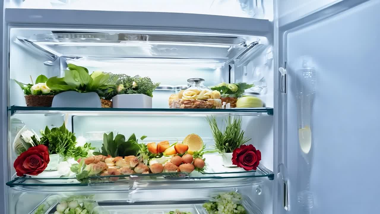 la puerta del refrigerador se abre, revelando estantes llenos de frutas frescas, verduras, flores y hierbas