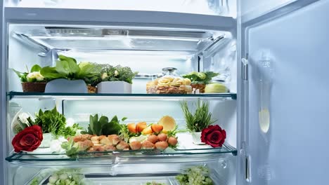 refrigerator door is opening, revealing shelves full of fresh fruit, vegetables, flowers, and herbs