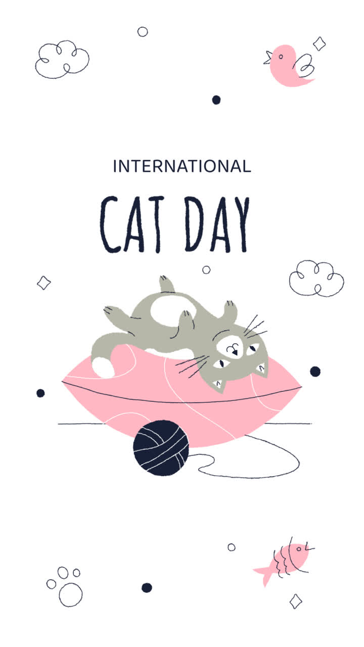 평평한 국제 고양이 날의 모션 그래픽 인스타그램 스토리 컬렉션