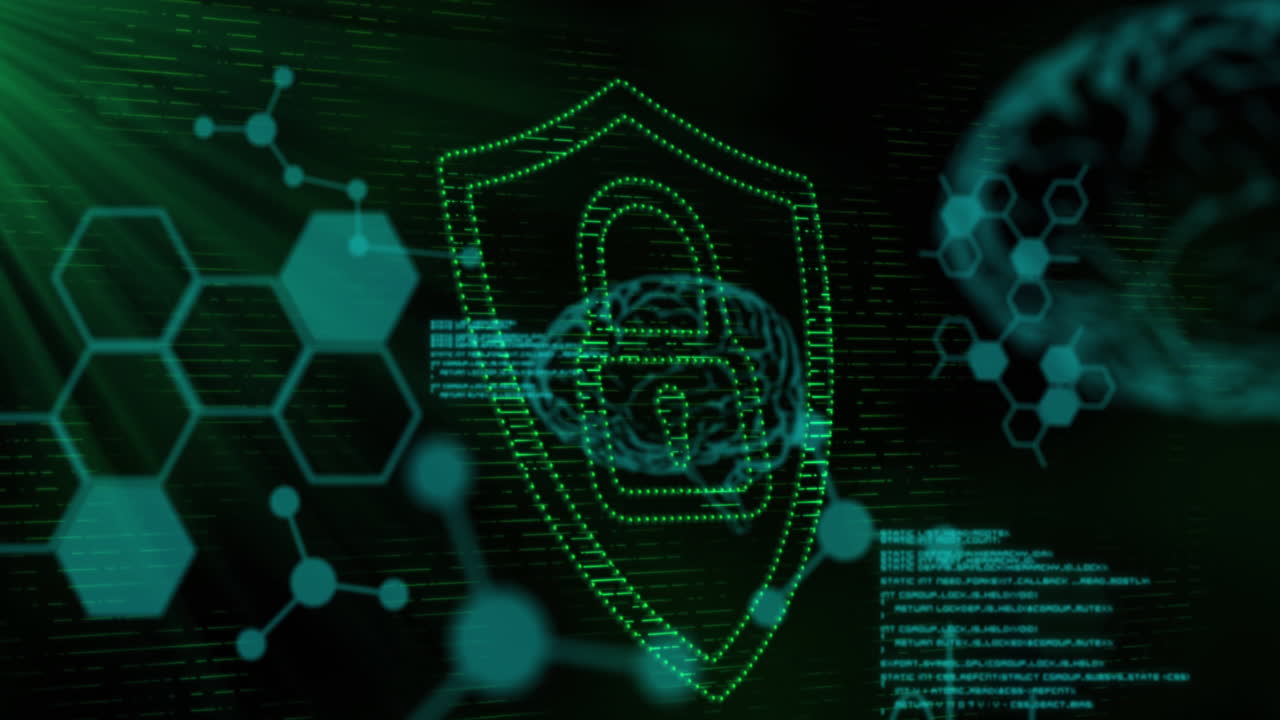 animación del símbolo del candado de punto verde, con información y procesamiento de datos en negro