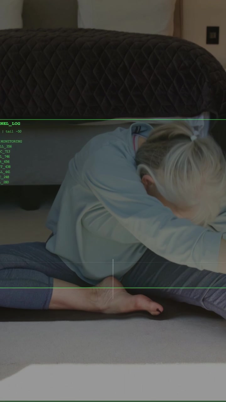 Vertikales Video: Seniorin nutzt grüne Linien, geht in den Grätschsitz und beugt sich nach rechts zur Förderung der Gesundheit.