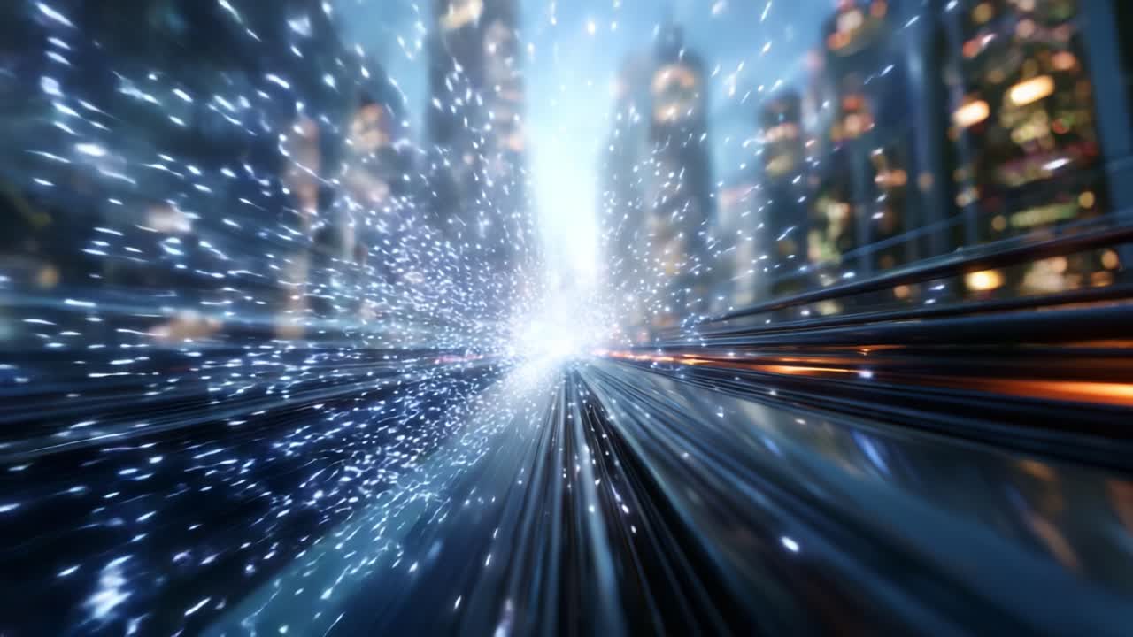 Dynamic light particles burst energetically through a futuristic cityscape, creating a surreal and mesmerizing visual effect that captivates the viewer's imagination