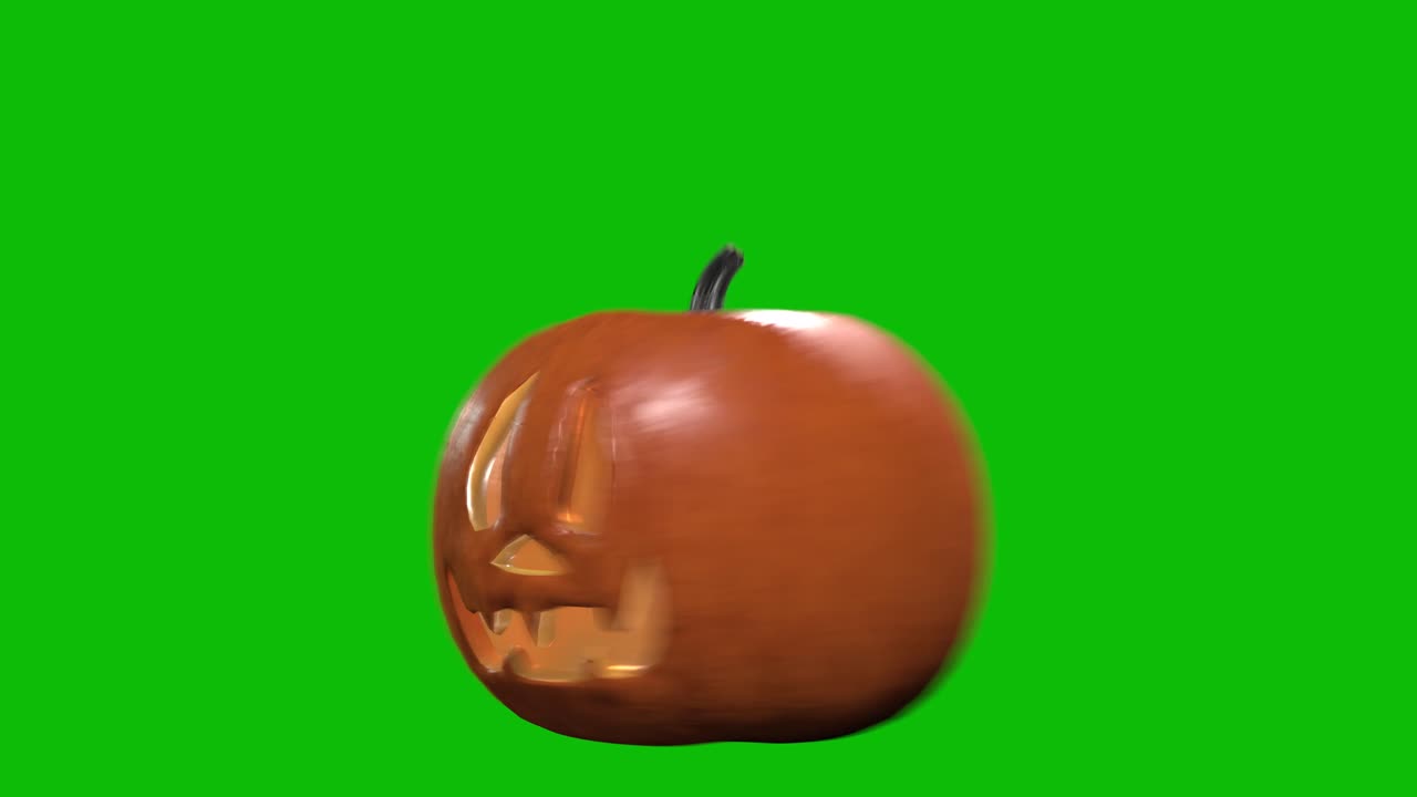 3D animation of a glowing jack-o'-lantern pumpkin 03 with candlelight inside, spinning, scaling up and down on a green screen. Perfect for Halloween intros, spooky videos, and holiday promos