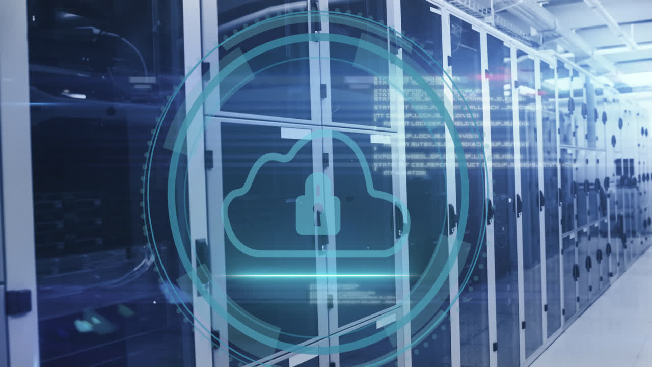 데이터 서버 시스템에서 원형으로 된 잠금 아이콘과 함께 사이버 보안 텍스트와 클라우드의 애니메이션
