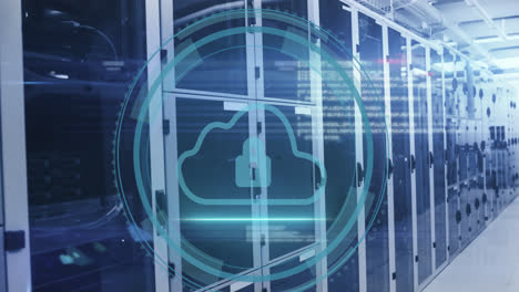 animazione di testo di sicurezza informatica e cloud con icone di blocco in cerchio su sistemi di server di dati