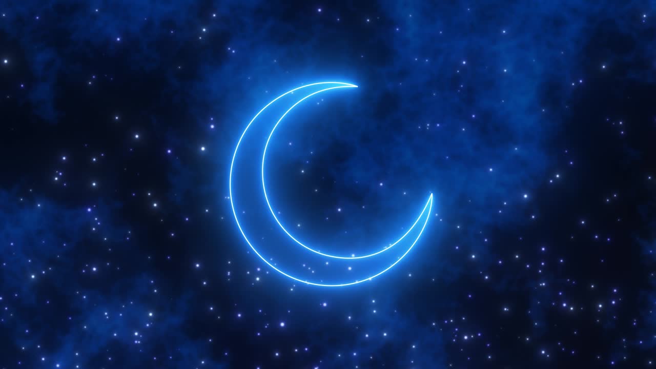 calma azul neón media luna forma en el cielo nocturno nublado estrellas - 4k sin costuras vj bucle de movimiento animación de fondo