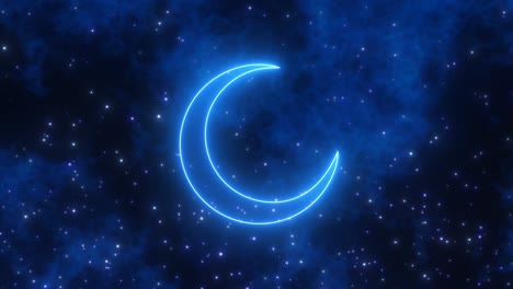 calm blue neon crescent moon shape in cloudy dark night sky stars - 4k seamless vj loop motion background animation