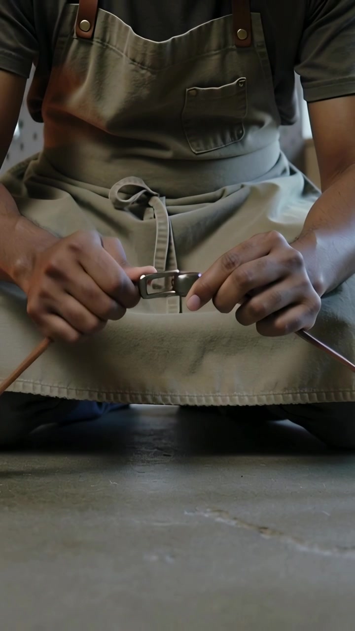 Vertical video: Bringing seated maker in apron fitting leather strap and buckle at bench tightening