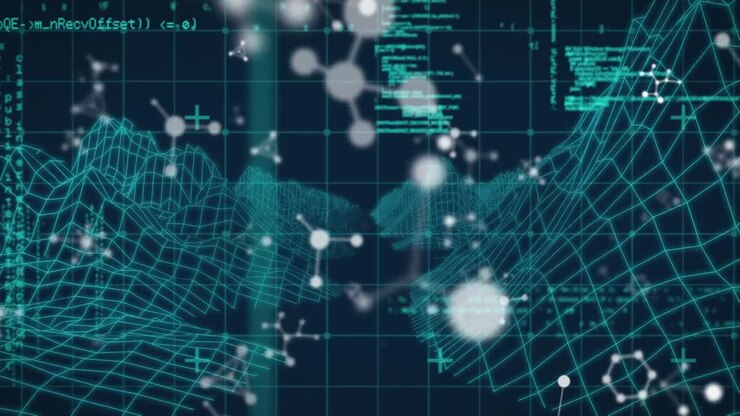 Molecular structures and data processing against 3d structures on blue background