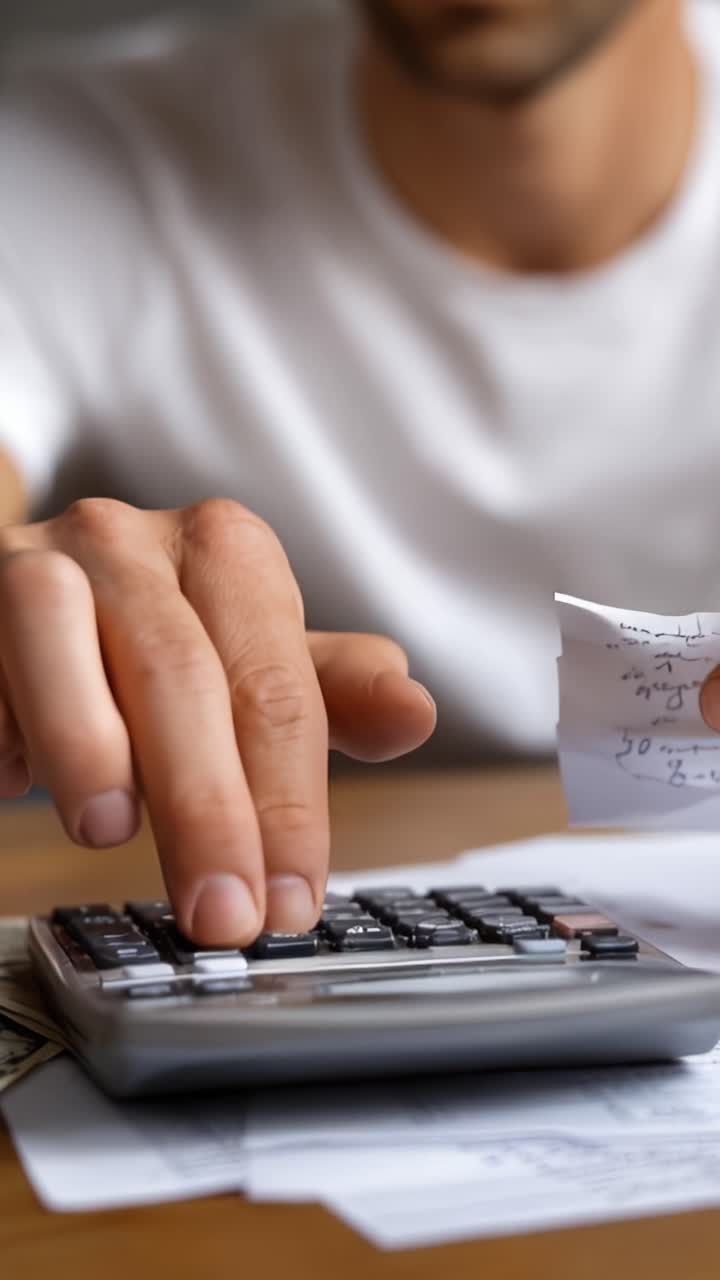 Una persona che calcola le finanze con una calcolatrice, concentrandosi su numeri e documenti, dimostrando attenzione ai dettagli e accuratezza nella gestione finanziaria