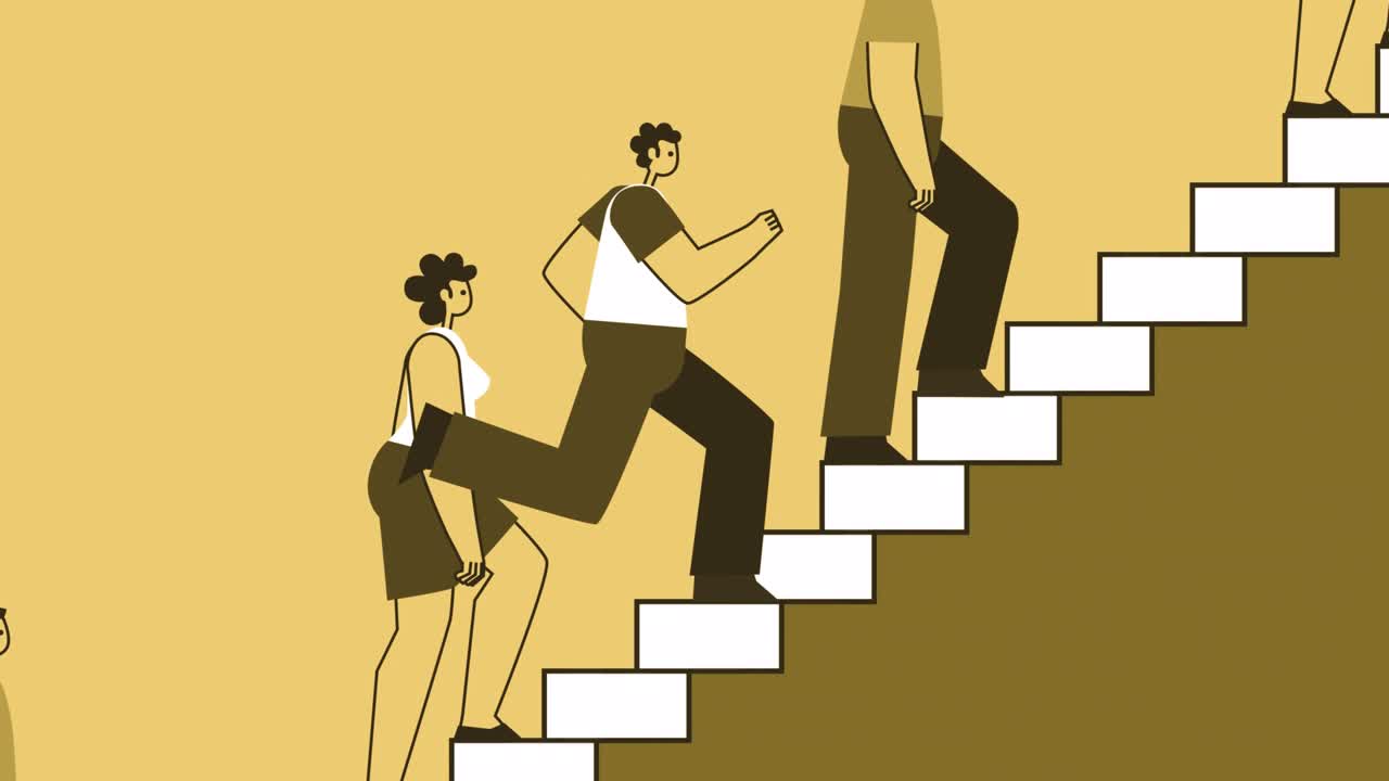 Yellow Style Man Flat Character Run Up the Stairs and Overtake Crowd of People. Isolated Loop Animation with Alpha Channel