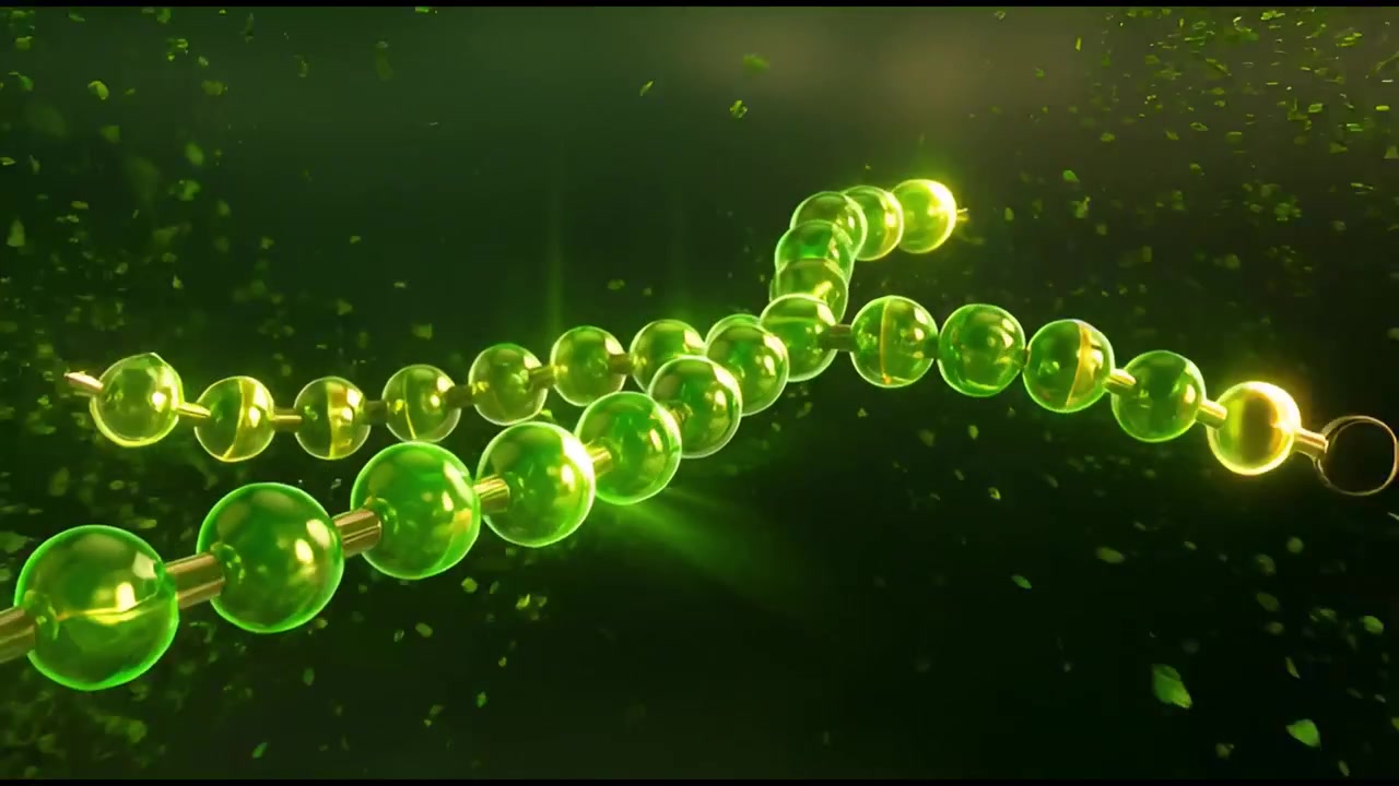 Animazione di una foglia verde che si disintegra in una catena molecolare luminosa.