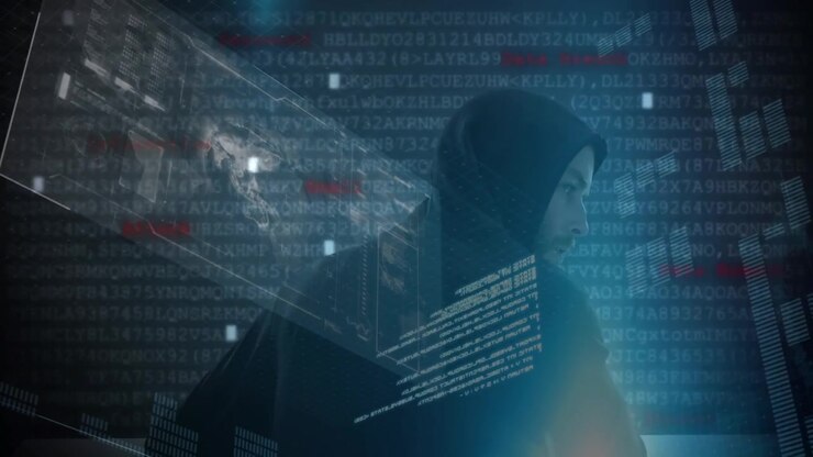 Animation of data processing over caucasian male computer hacker using laptop