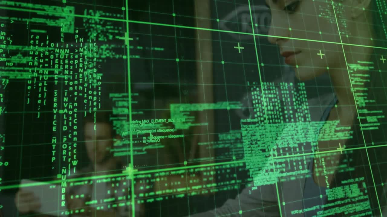 Business professional typing on keyboard at office desk, with coffee mug under green code overlay