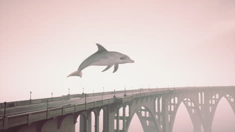 surreal dolphin flying over a bridge