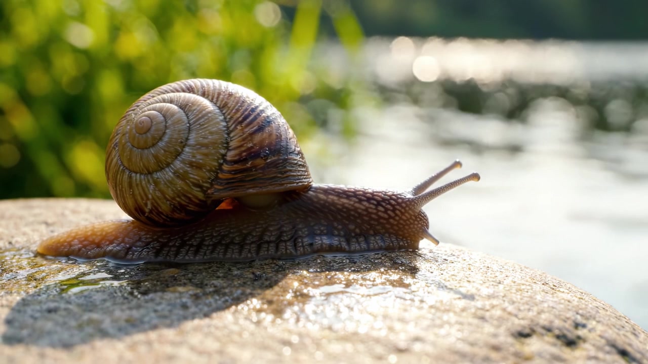 A Close-Up View of a Snail Slowing Down on a Rock by the Water's Edge, Capturing the Natural Beauty and Serene Environment Around It