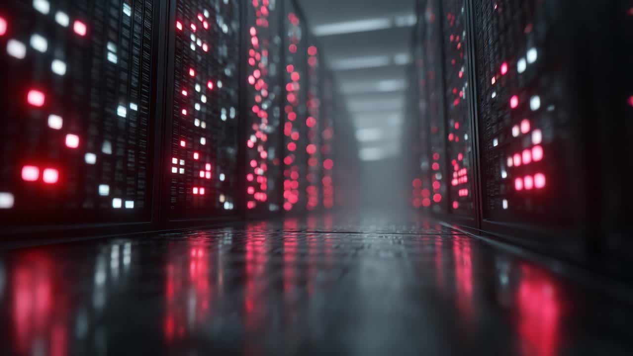 A Captivating View of a High-Tech Data Center Illuminated with Red and White Lights, Showcasing the Cutting-Edge Infrastructure of Modern Computing Technology