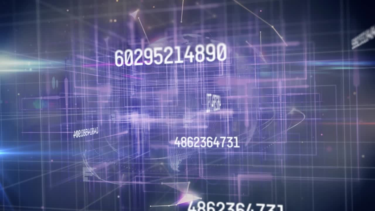 Animation of changing numbers over lines and connected dots against globe on abstract background