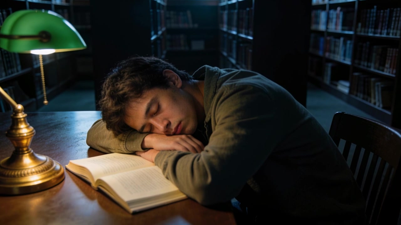 Closing eyes after study, student dozing at library table in olive sweatshirt with open book