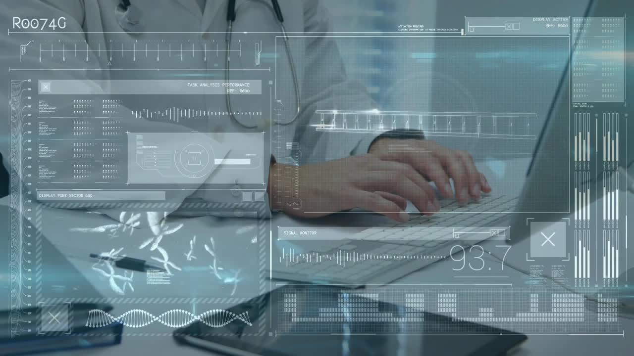 doctor typing on laptop in medical office, with animated charts, DNA helix, waveform overlays