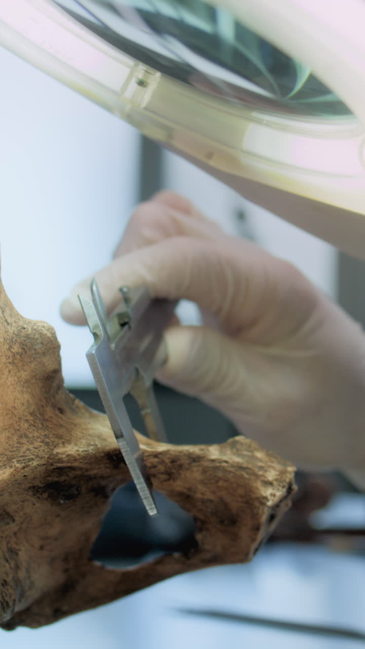 arqueólogo examinando un hueso pélvico fósil