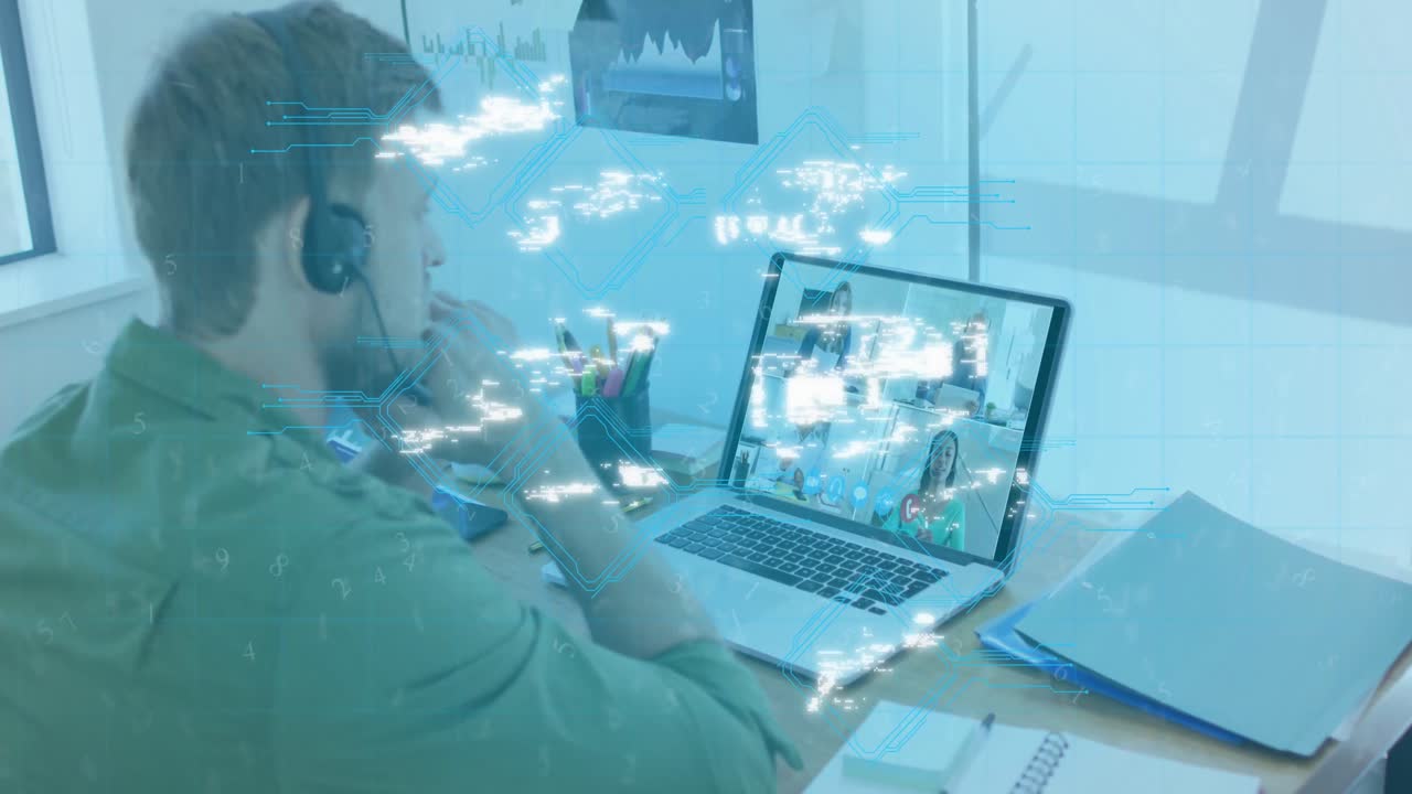 Animation of online icons over caucasian man using phone headset and laptop